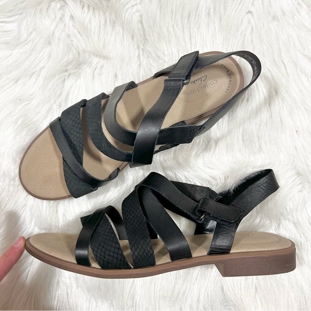 Clarks Black Strappy Leather Slingback Sandals